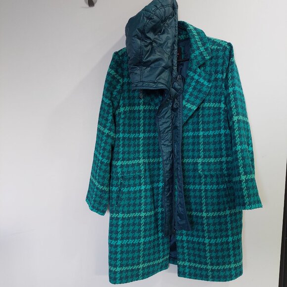 Isaac Mizrahi Navy and Green Plaid Trench Coat With Lined Removable Hood Sz 16 - Picture 4 of 11
